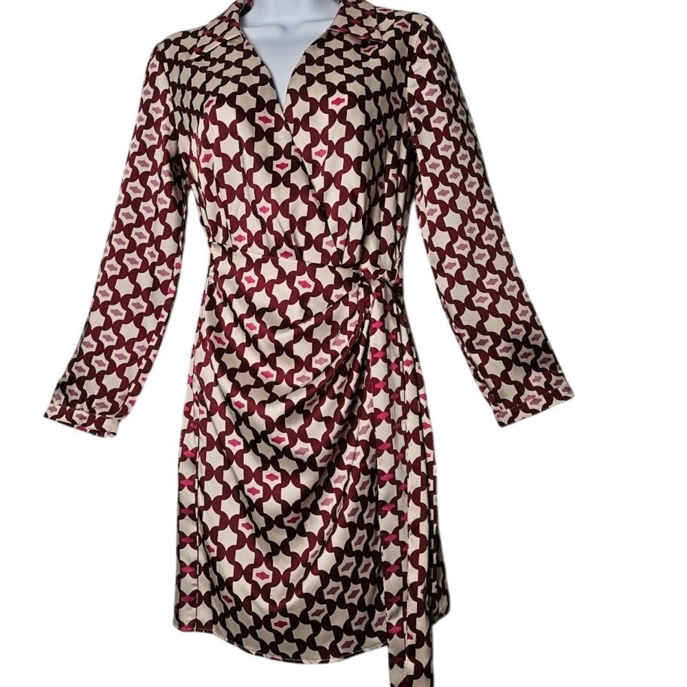 Mango MNG Faux Wrap Shirt Dress XS Red Pink Cream‎ Long Sleeve Zip Mod Retro